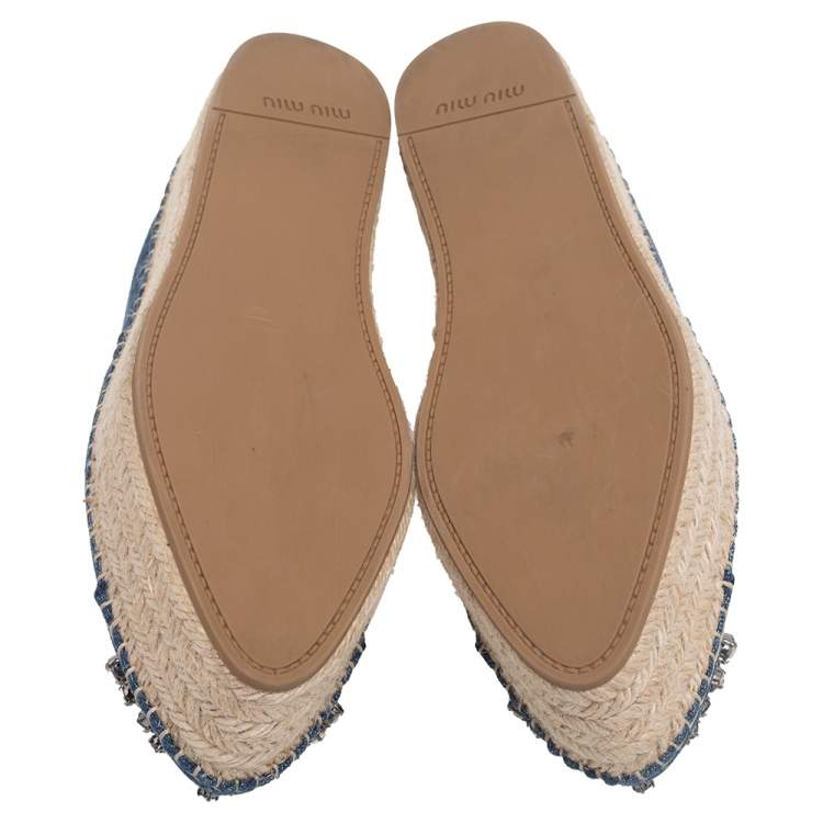 Pre Owned Miu Miu Blue Denim Fabric Crystal Embellished Platform Espadrille Flats Size 37.5