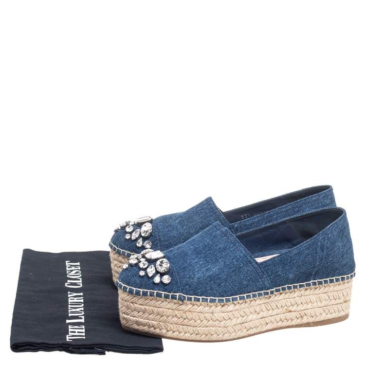 Pre Owned Miu Miu Blue Denim Fabric Crystal Embellished Platform Espadrille Flats Size 37.5