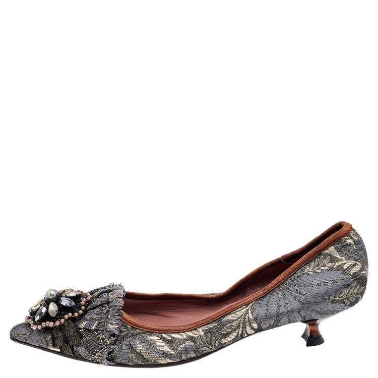 Pre Owned Miu Miu Grey Jacquard Embellished Pointed Toe Pumps Size 36