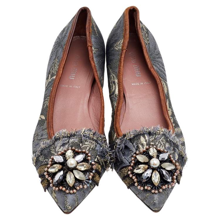Pre Owned Miu Miu Grey Jacquard Embellished Pointed Toe Pumps Size 36
