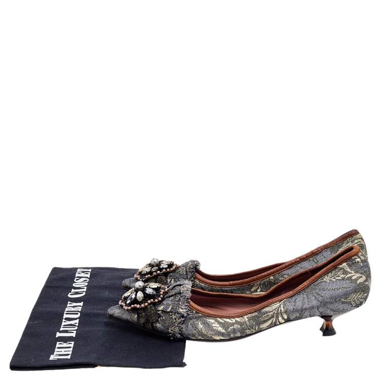 Pre Owned Miu Miu Grey Jacquard Embellished Pointed Toe Pumps Size 36