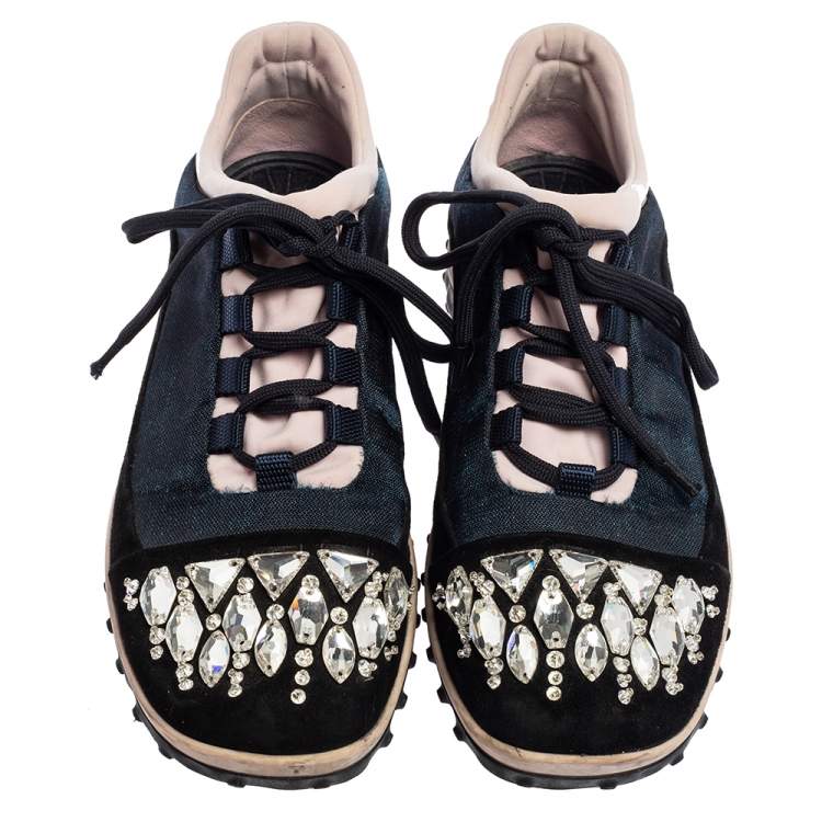 Pre Owned Miu Miu Multicolor Fabric and Suede Jeweled Toe Sneakers Size 37