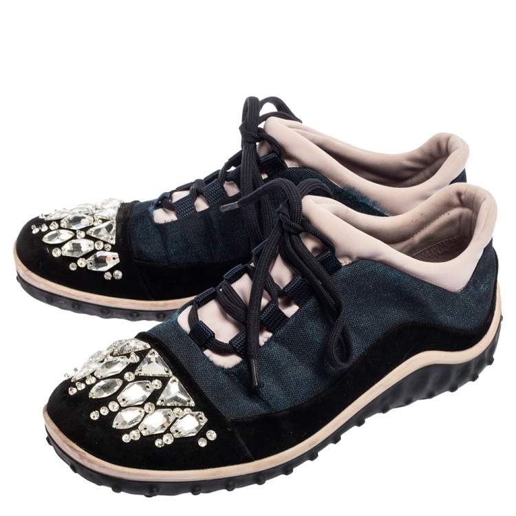 Pre Owned Miu Miu Multicolor Fabric and Suede Jeweled Toe Sneakers Size 37