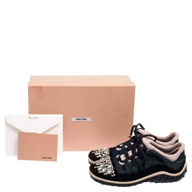 Pre Owned Miu Miu Multicolor Fabric and Suede Jeweled Toe Sneakers Size 37
