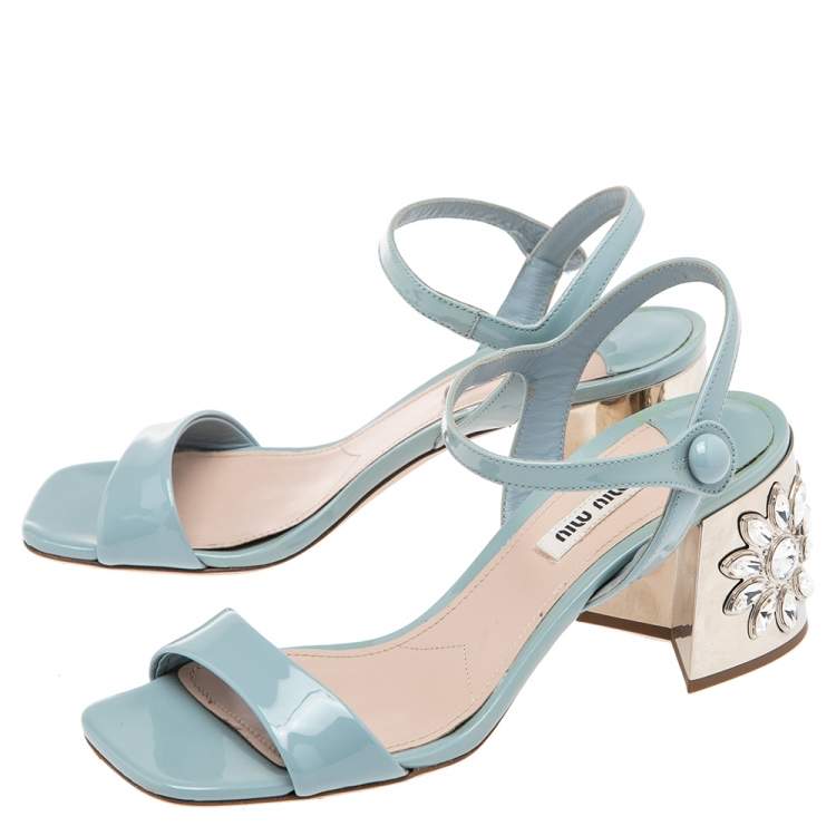 Pre Owned Miu Miu Light Blue Patent Leather Crystal Embellished Heel Ankle Strap Sandals Size 38