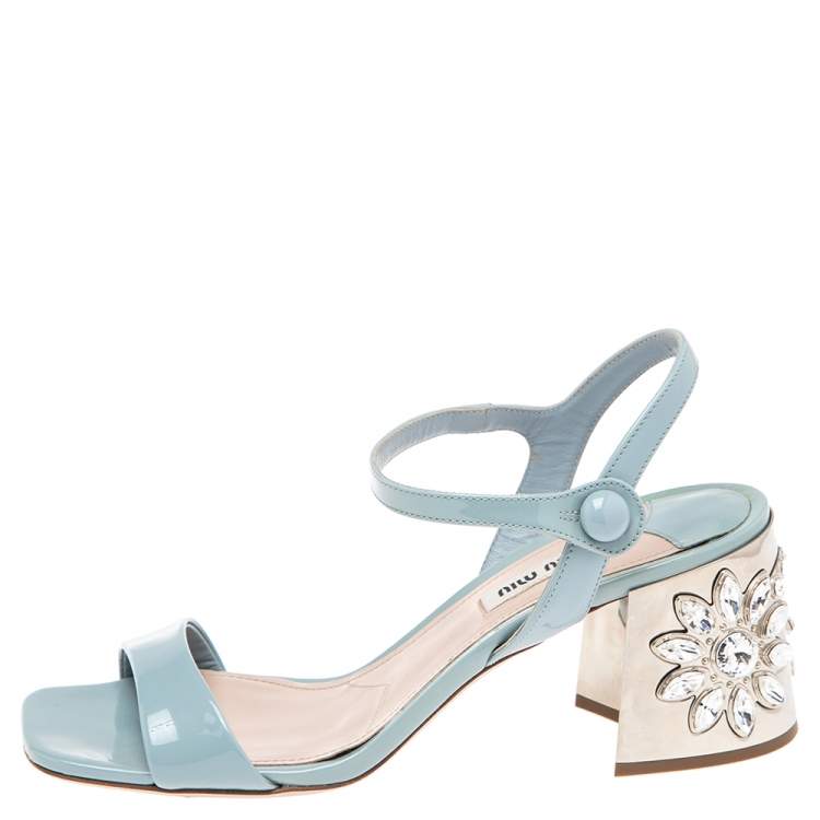 Pre Owned Miu Miu Light Blue Patent Leather Crystal Embellished Heel Ankle Strap Sandals Size 38