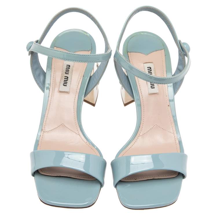 Pre Owned Miu Miu Light Blue Patent Leather Crystal Embellished Heel Ankle Strap Sandals Size 38