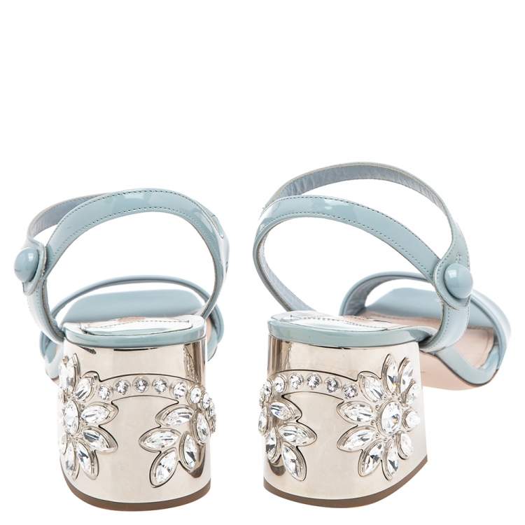 Pre Owned Miu Miu Light Blue Patent Leather Crystal Embellished Heel Ankle Strap Sandals Size 38