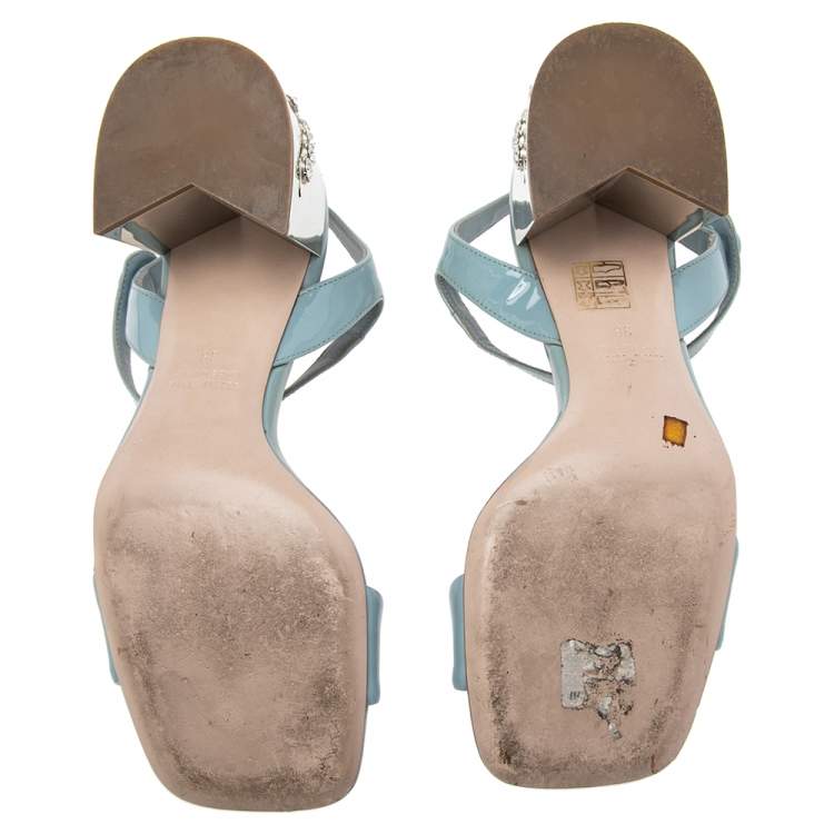 Pre Owned Miu Miu Light Blue Patent Leather Crystal Embellished Heel Ankle Strap Sandals Size 38