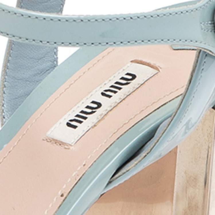 Pre Owned Miu Miu Light Blue Patent Leather Crystal Embellished Heel Ankle Strap Sandals Size 38