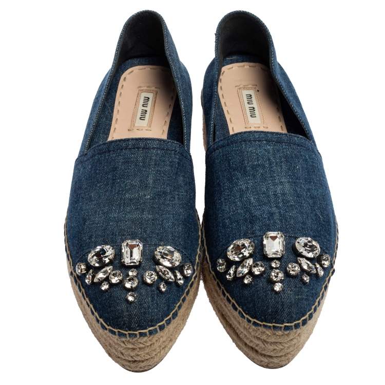 Pre Owned Miu Miu Blue Denim Crystal Embellished Platform Espadrille Flats Size 40