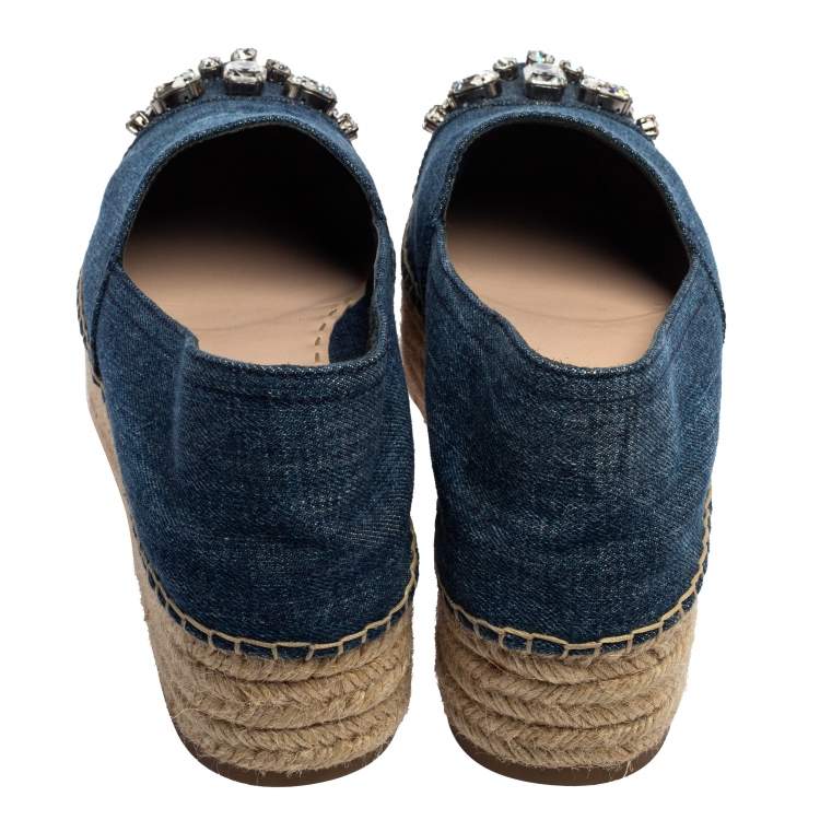 Pre Owned Miu Miu Blue Denim Crystal Embellished Platform Espadrille Flats Size 40