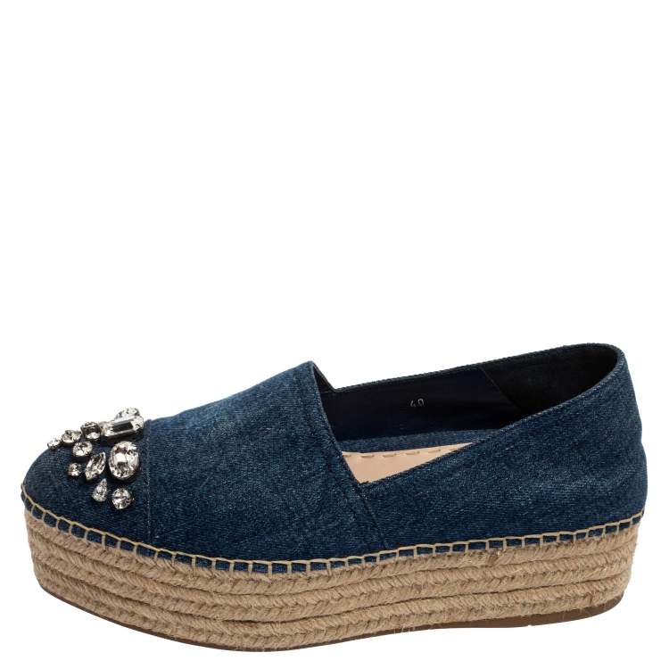 Pre Owned Miu Miu Blue Denim Crystal Embellished Platform Espadrille Flats Size 40