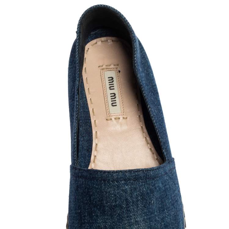 Pre Owned Miu Miu Blue Denim Crystal Embellished Platform Espadrille Flats Size 40