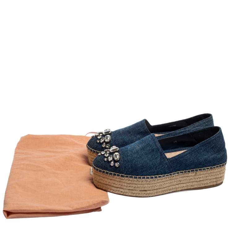 Pre Owned Miu Miu Blue Denim Crystal Embellished Platform Espadrille Flats Size 40