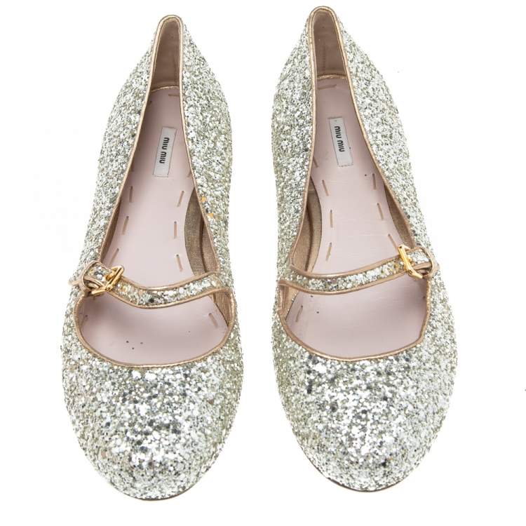 Pre Owned Miu Miu Silver Glitter  Ballet Flats Size 39