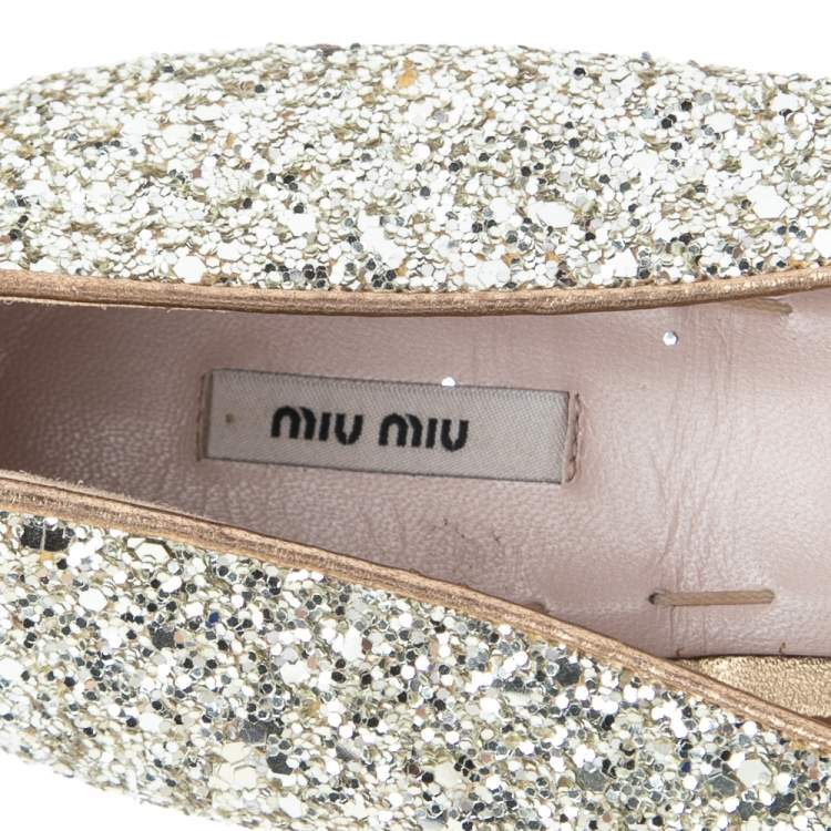 Pre Owned Miu Miu Silver Glitter  Ballet Flats Size 39