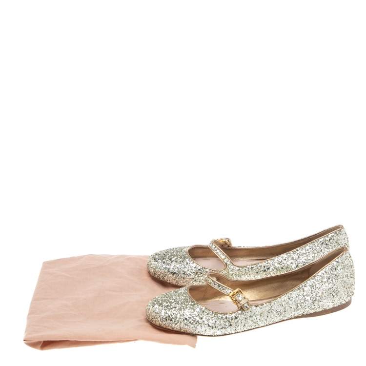 Pre Owned Miu Miu Silver Glitter  Ballet Flats Size 39