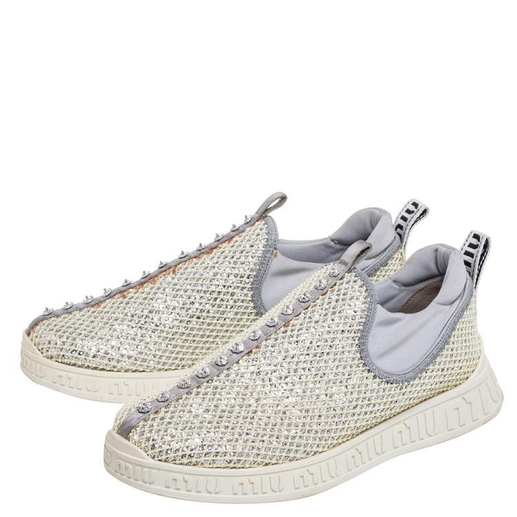 Pre Owned Miu Miu Cream/Grey Fabric And Glitter Embellished Low Top Sneakers Size 37.5