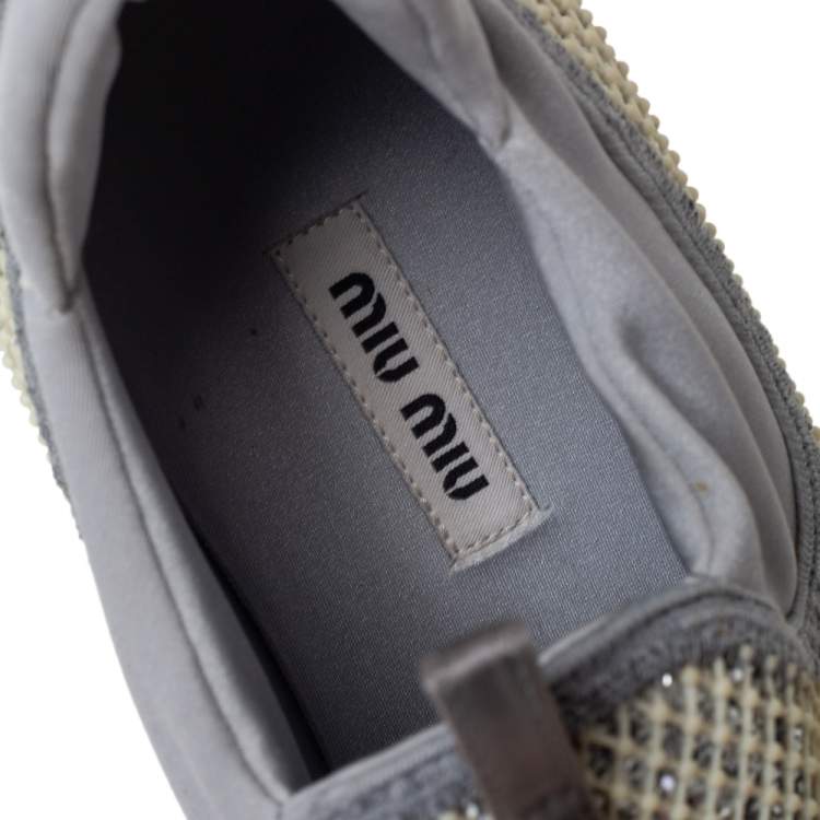 Pre Owned Miu Miu Cream/Grey Fabric And Glitter Embellished Low Top Sneakers Size 37.5