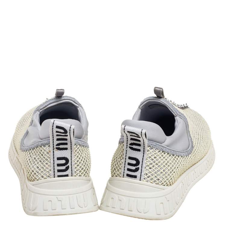 Pre Owned Miu Miu Cream/Grey Fabric And Glitter Embellished Low Top Sneakers Size 37.5