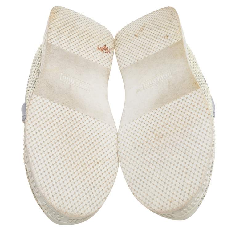 Pre Owned Miu Miu Cream/Grey Fabric And Glitter Embellished Low Top Sneakers Size 37.5