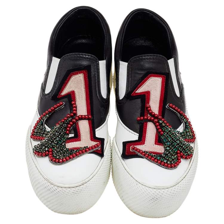 Pre Owned Miu Miu Multicolor Leather and Suede Embellished Slip On Sneakers Size 36