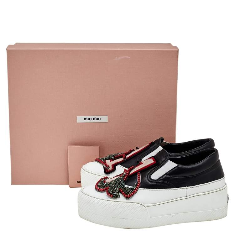 Pre Owned Miu Miu Multicolor Leather and Suede Embellished Slip On Sneakers Size 36