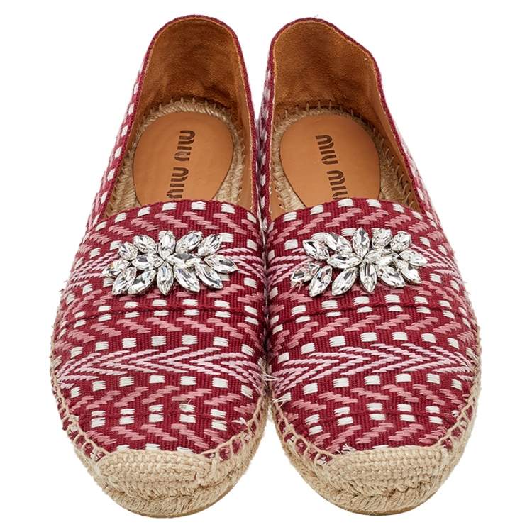 Pre Owned Miu Miu Multicolor Canvas Crystal Embellished Espadrille Flats Size 39