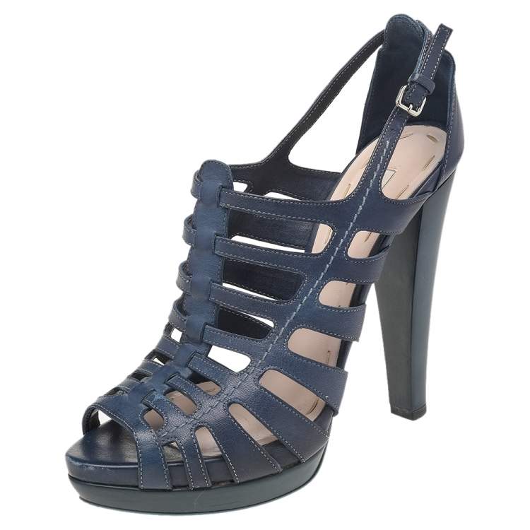 Pre Owned Miu Miu Blue Leather Ankle Strap Sandals Size 39