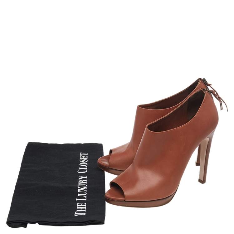 Pre Owned Miu Miu Tan Leather Peep Toe Platform Booties Size 40