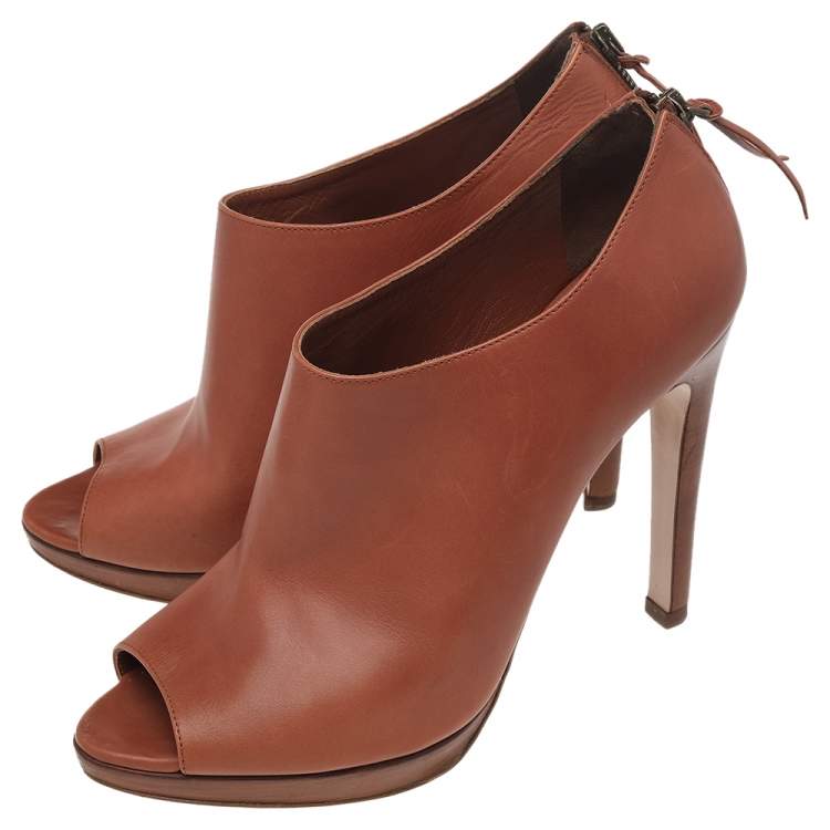Pre Owned Miu Miu Tan Leather Peep Toe Platform Booties Size 40