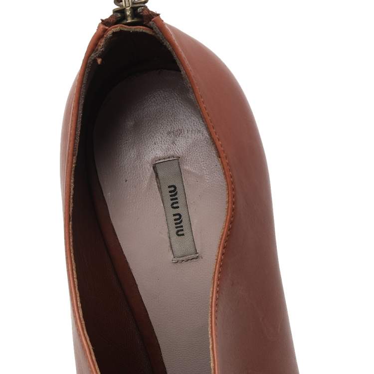 Pre Owned Miu Miu Tan Leather Peep Toe Platform Booties Size 40