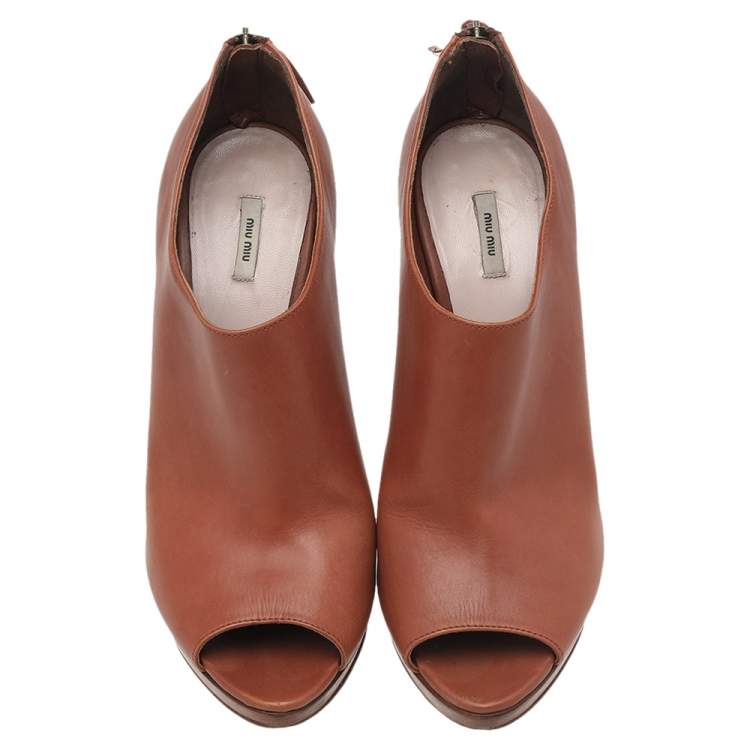 Pre Owned Miu Miu Tan Leather Peep Toe Platform Booties Size 40