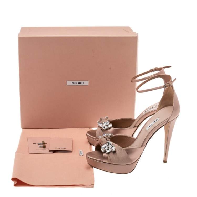 Pre Owned Miu Miu Beige Satin Crystal Embellished Platform Ankle Strap Sandals Size 39.5