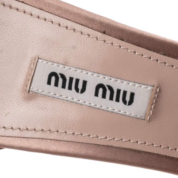 Pre Owned Miu Miu Beige Satin Crystal Embellished Platform Ankle Strap Sandals Size 39.5