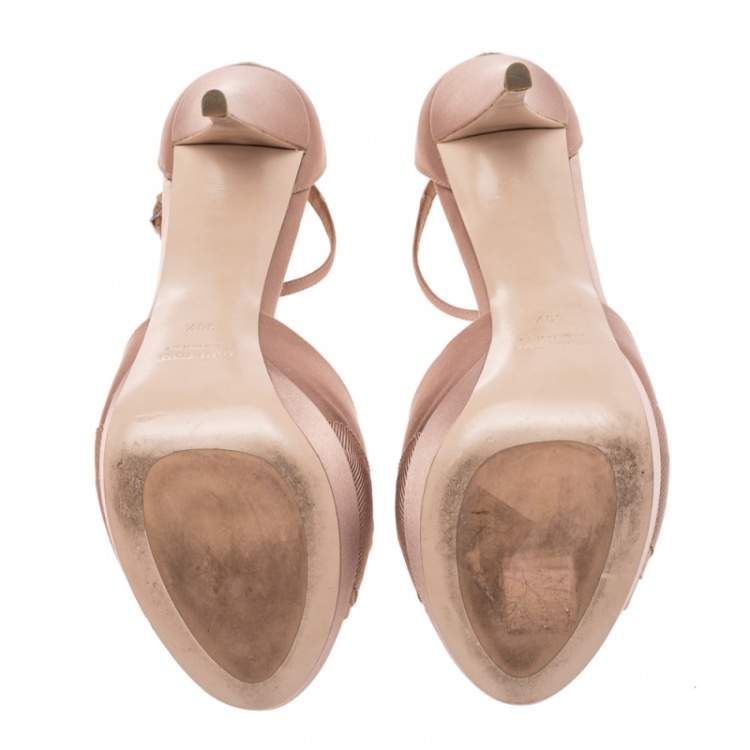 Pre Owned Miu Miu Beige Satin Crystal Embellished Platform Ankle Strap Sandals Size 39.5