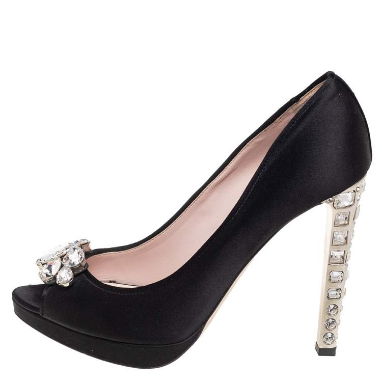 Pre Owned Miu Miu Black Satin Crystal Embellished Peep Toe Pumps Size 37.5