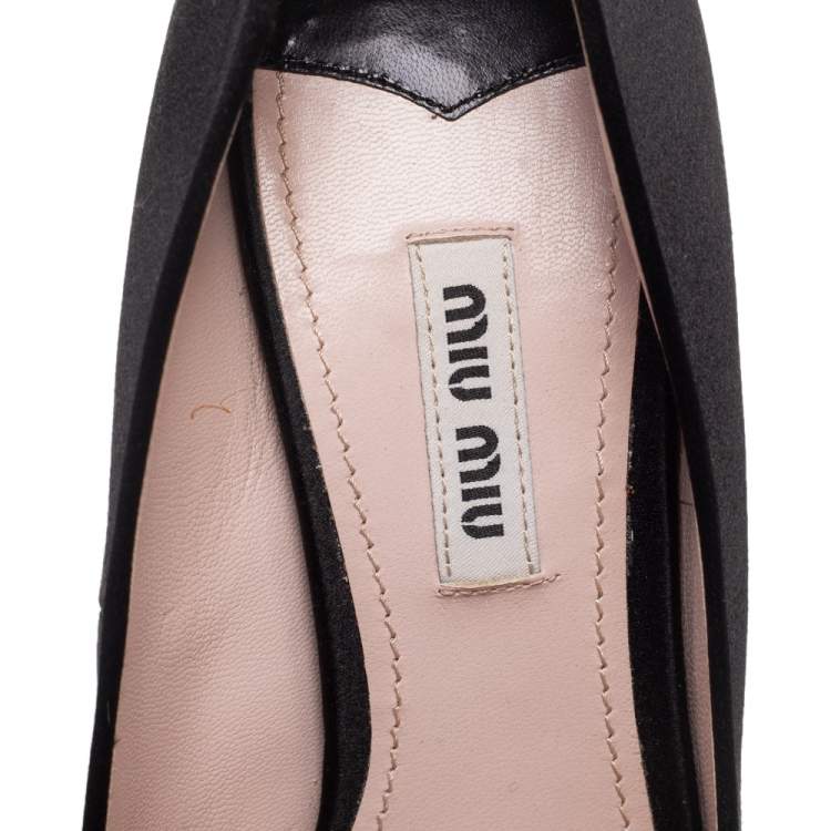 Pre Owned Miu Miu Black Satin Crystal Embellished Peep Toe Pumps Size 37.5