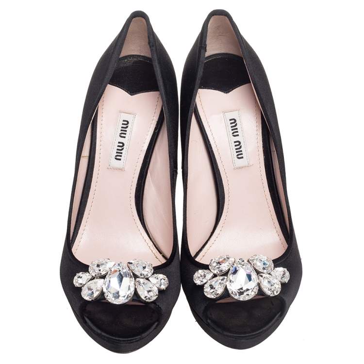 Pre Owned Miu Miu Black Satin Crystal Embellished Peep Toe Pumps Size 37.5