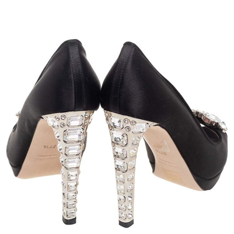 Pre Owned Miu Miu Black Satin Crystal Embellished Peep Toe Pumps Size 37.5
