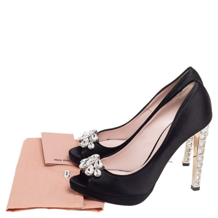 Pre Owned Miu Miu Black Satin Crystal Embellished Peep Toe Pumps Size 37.5