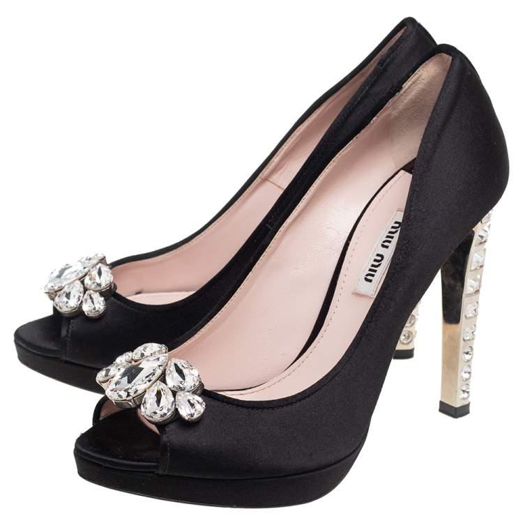 Pre Owned Miu Miu Black Satin Crystal Embellished Peep Toe Pumps Size 37.5