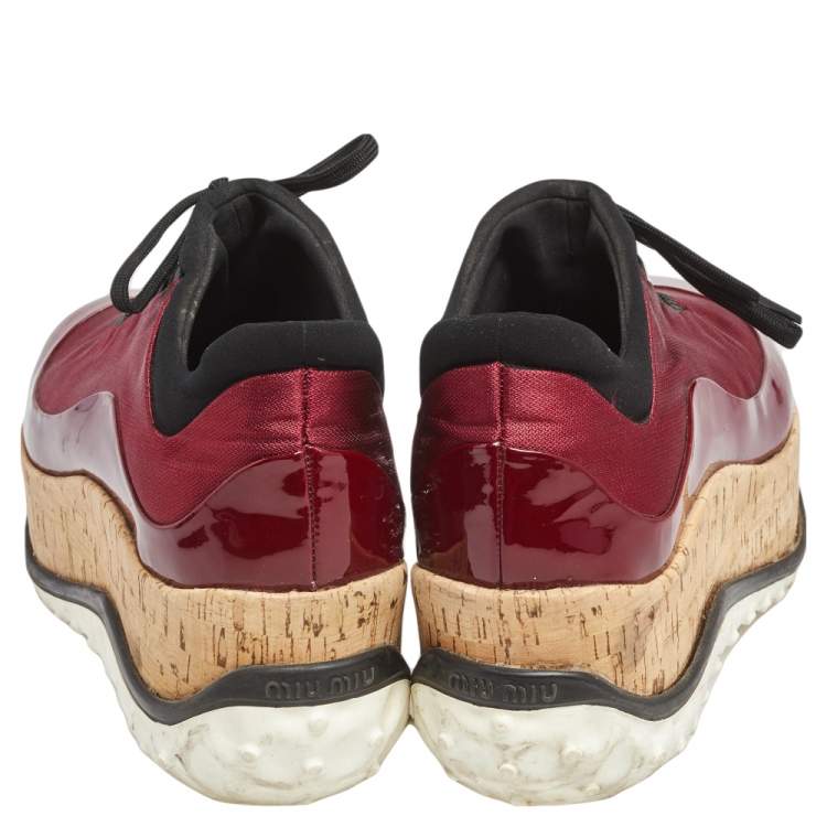 Pre Owned Miu Miu Burgundy Patent And Canvas Lace Up Wedge Sneakers Size 37
