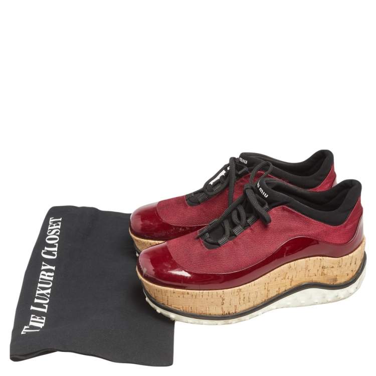 Pre Owned Miu Miu Burgundy Patent And Canvas Lace Up Wedge Sneakers Size 37