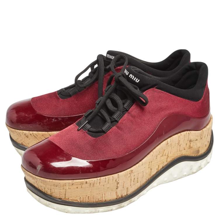 Pre Owned Miu Miu Burgundy Patent And Canvas Lace Up Wedge Sneakers Size 37
