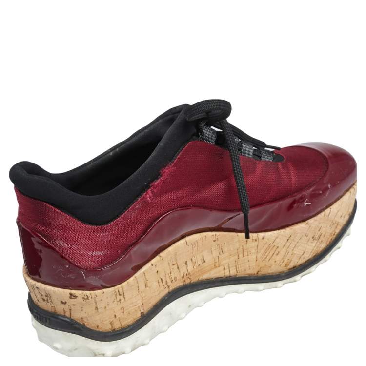 Pre Owned Miu Miu Burgundy Patent And Canvas Lace Up Wedge Sneakers Size 37