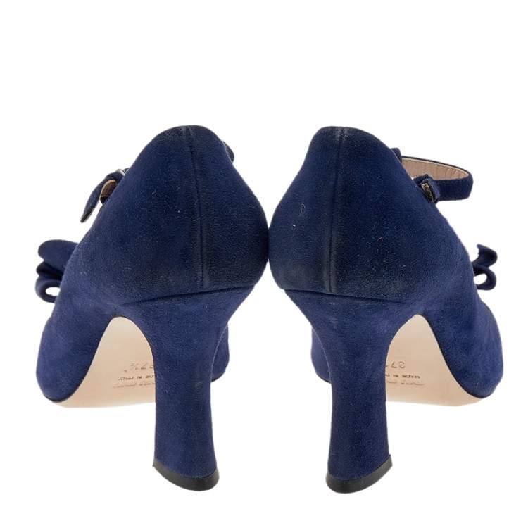 Pre Owned Miu Miu Blue Suede Bow T-Strap Ankle Strap Sandals Size 37.5