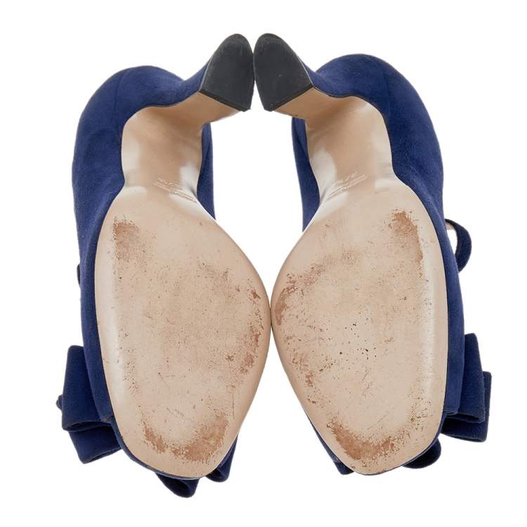 Pre Owned Miu Miu Blue Suede Bow T-Strap Ankle Strap Sandals Size 37.5