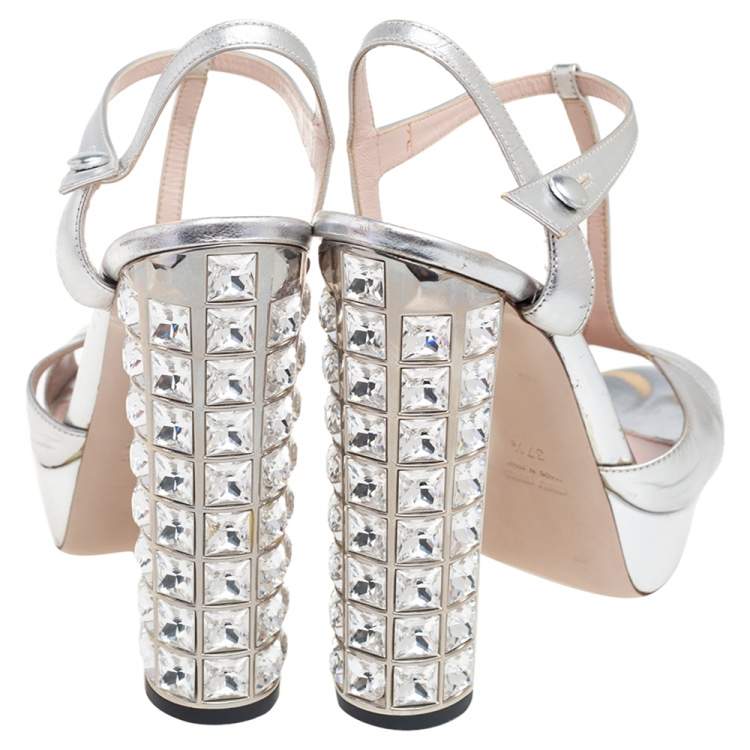 Pre Owned  Miu Miu Silver Leather T Strap Platform Block Heel Sandals Size 37.5